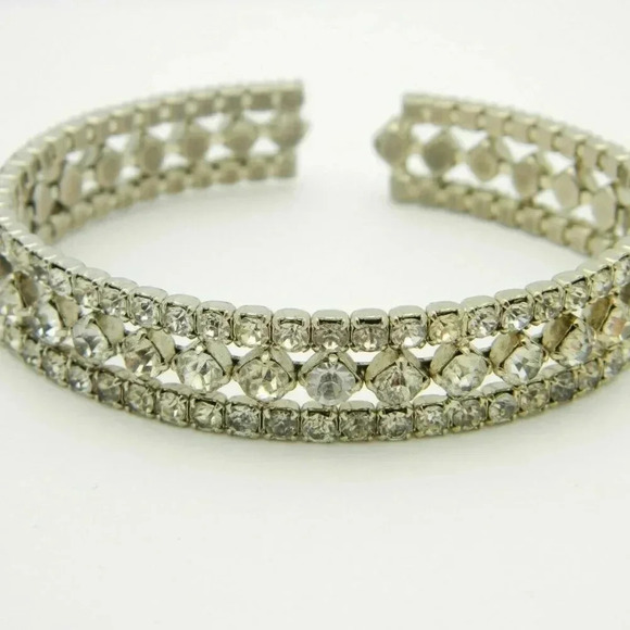 Clear Rhinestone Art Deco Style Silver Tone Cuff - Picture 1 of 5